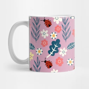 Spring meadow in bloom with ladybirds on dark pink background Mug